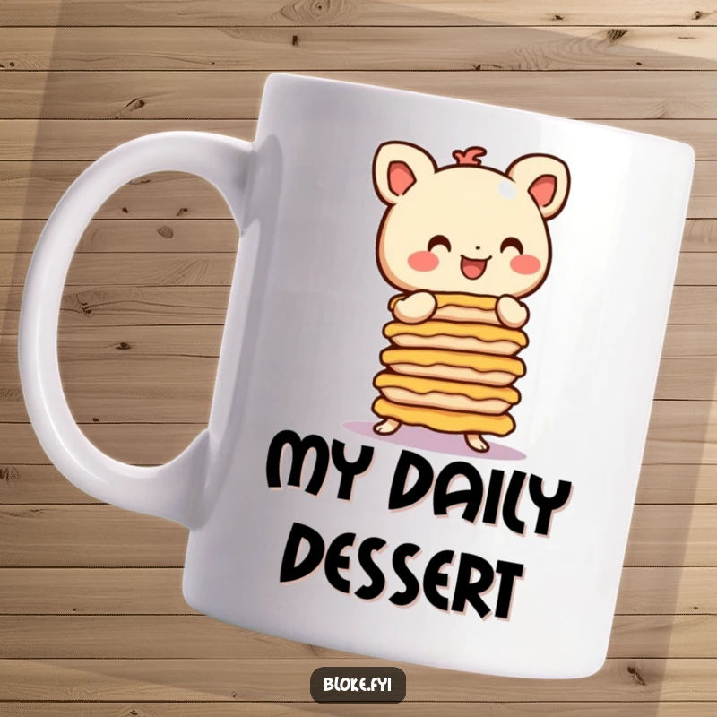 Funny Mug: A smiling, stubby figure with round ears struggles to balance a tall stack of delicious pies.