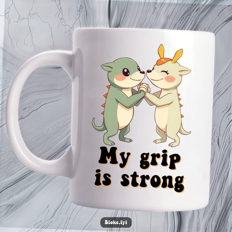 Funny Arm Wrestle Creature Mug featuring a creature with short, sturdy limbs participating in a friendly arm wrestling match.