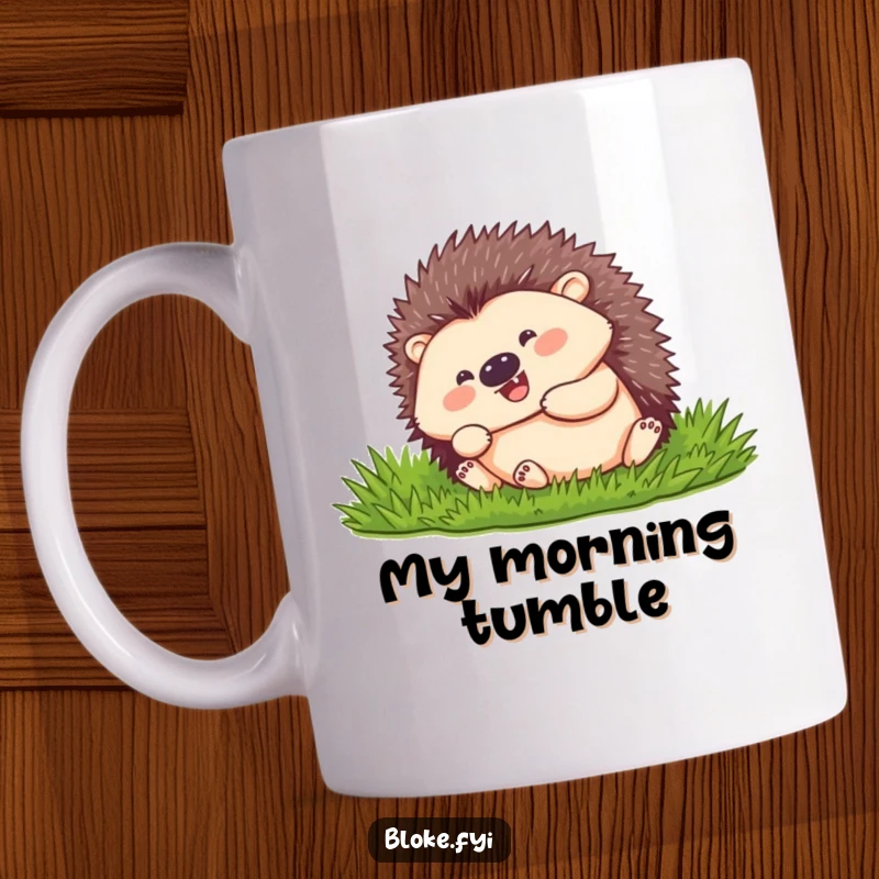 Funny hedgehog with a happy expression, curled into a ball, rolling down a grassy hill.