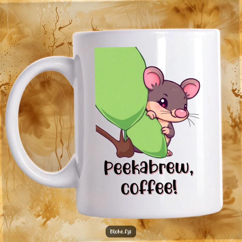 Funny platypus mug with a curious creature peeking from behind a stylized eucalyptus leaf, perfect for a quirky gift.