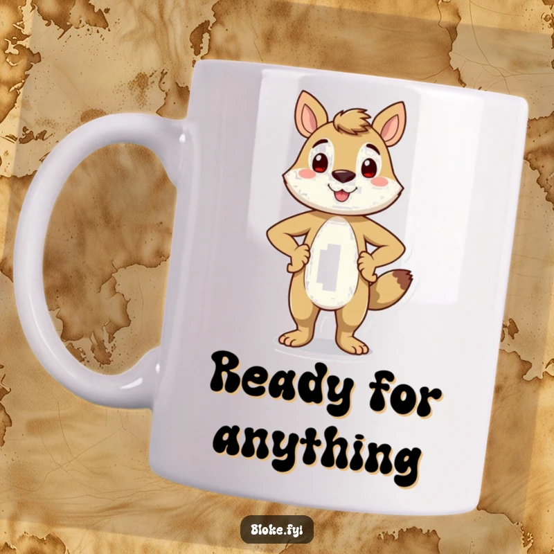 Funny mug showing a smiling animal character standing proudly with hands on its hips, exuding confidence and cheerfulness.