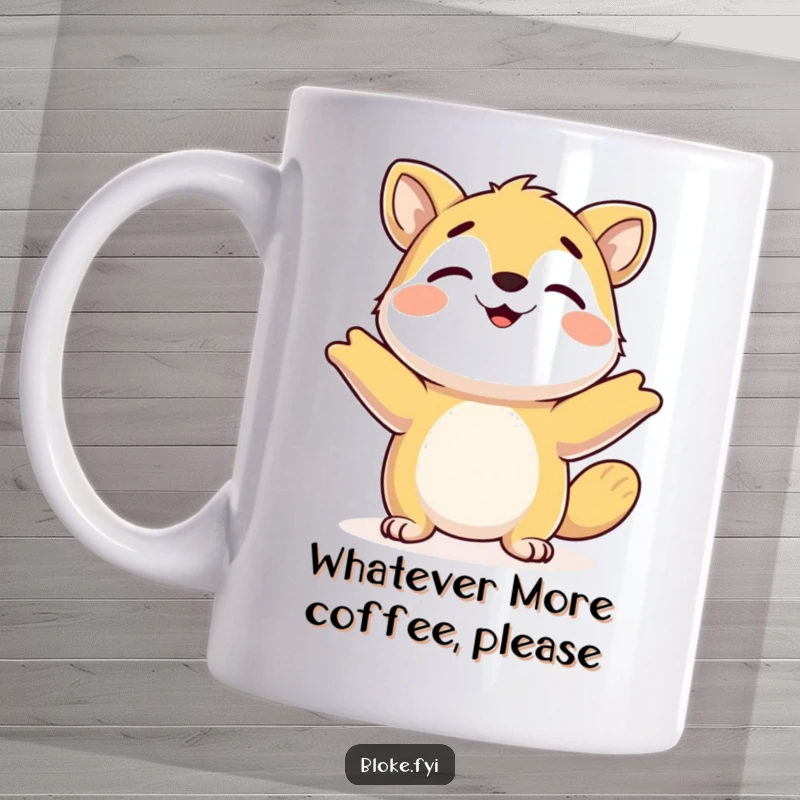 Funny Mug: Happy animal shrugging its shoulders with a relaxed and carefree attitude, radiating chill vibes.