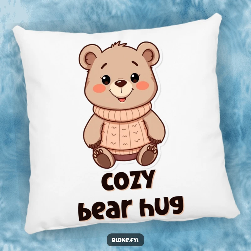 Funny chunky cartoon bear pillow, wearing a cozy sweater and a friendly smile, soft and decorative for comfort.