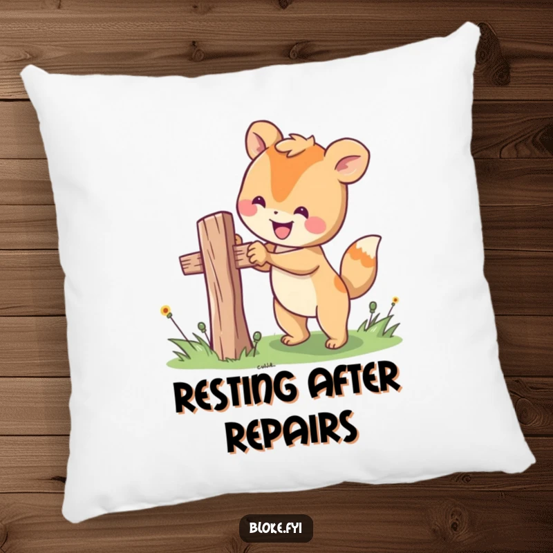 Funny pillow featuring a happy animal character focused on fixing a wobbly fence post, offering cozy comfort and DIY charm.
