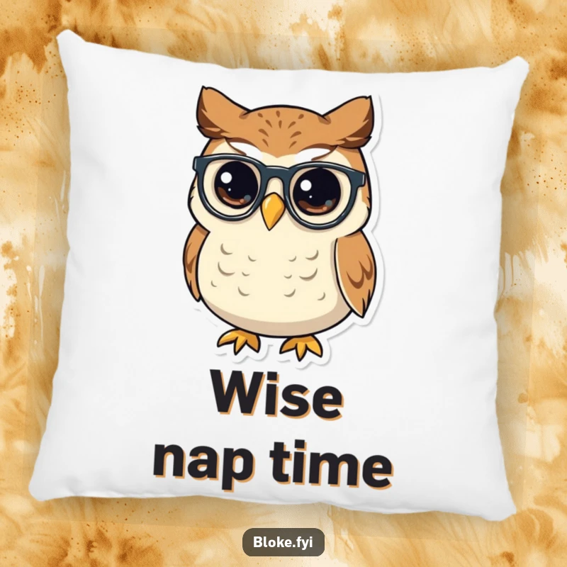 Funny small, round owl with a wise look tipping its spectacles, featured on a soft and decorative accent pillow.