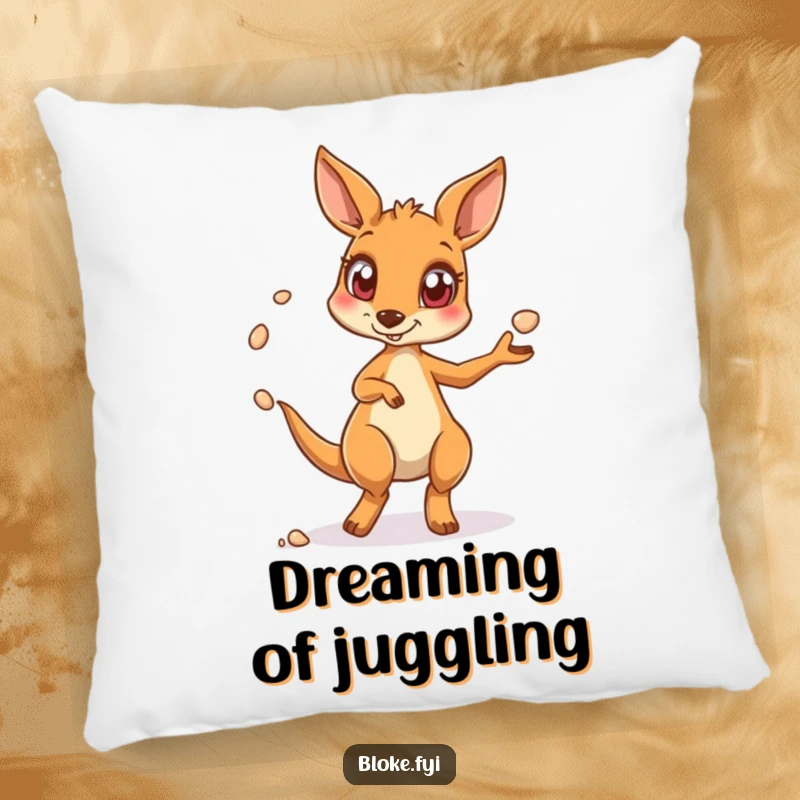 Funny kangaroo pillow featuring a wide-eyed marsupial juggling pebbles, offering comfort and humorous decor.