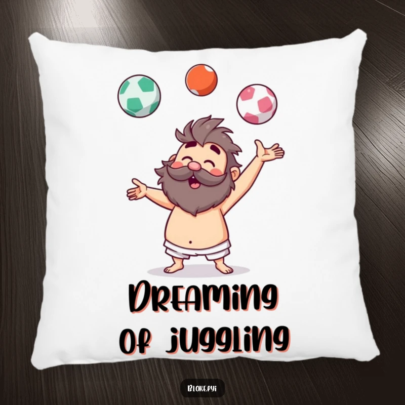 Funny pillow with a hairy bloke character humorously juggling imaginary balls, offering comfort and a comedic visual.