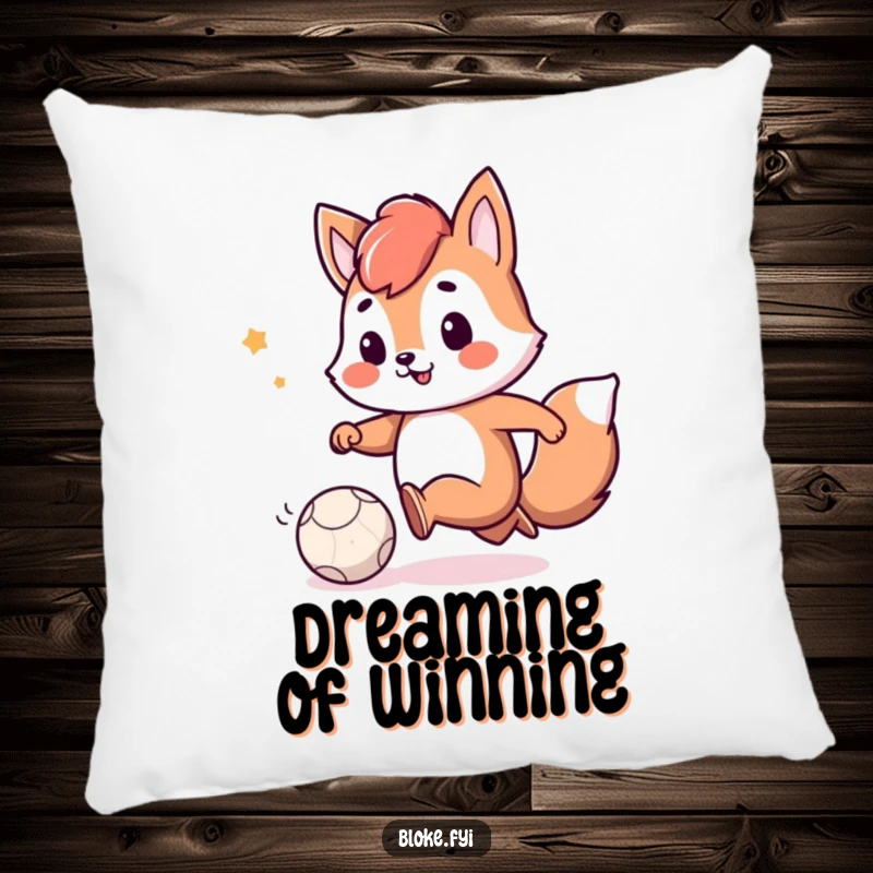 Funny pillow featuring a playful animal character with a smile, kicking a small, deflated ball, offering cozy fun.