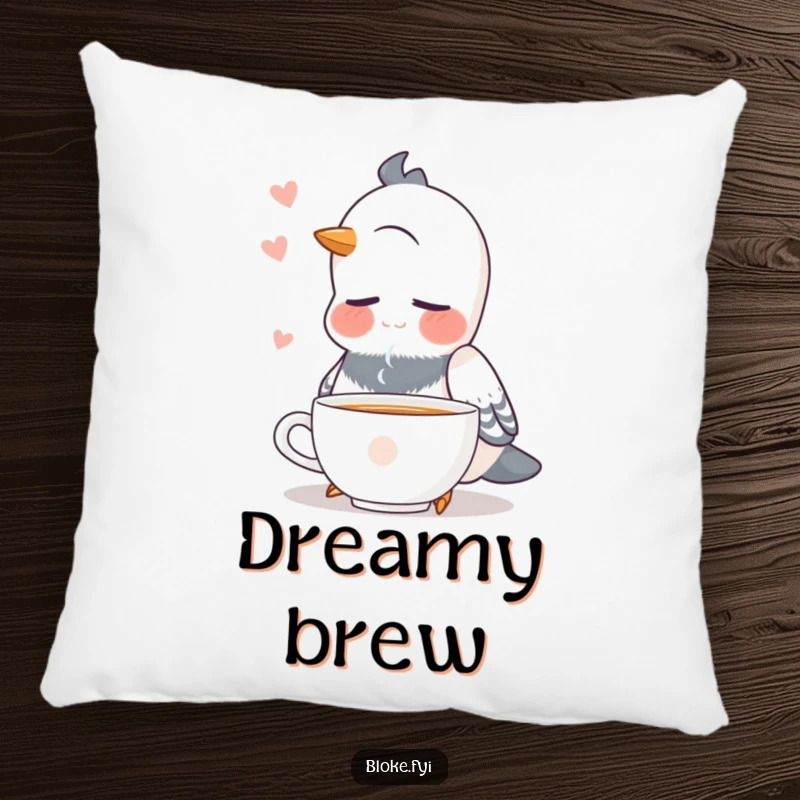 Funny pigeon with closed eyes, looking content while drinking tea, on a soft decorative pillow.
