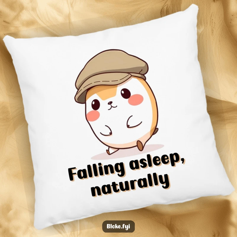 Funny pillow showing a round, clumsy animal character hilariously tripping in a ridiculously oversized flat cap, offering comfort and a chuckle.