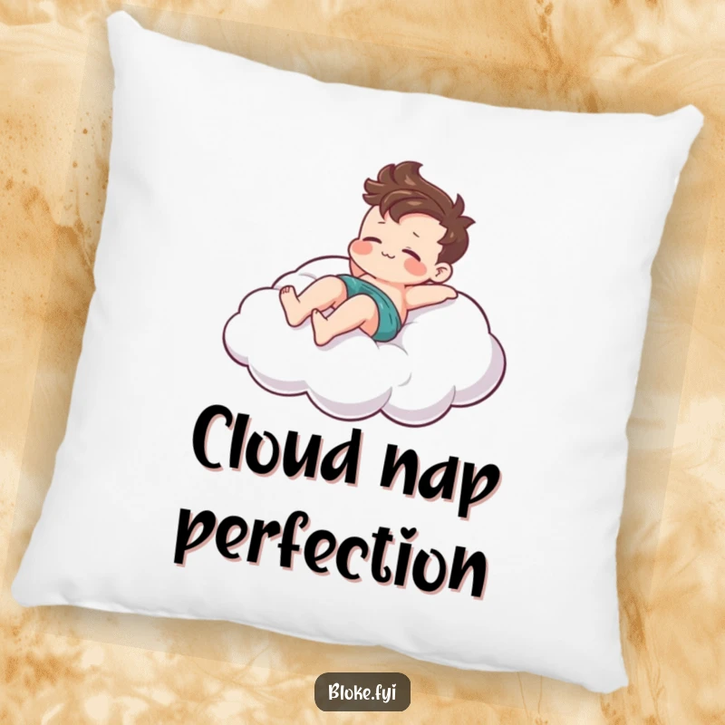 Funny pillow with a soft texture, showing a relaxed bloke character lounging on a stylized cloud for ultimate coziness.