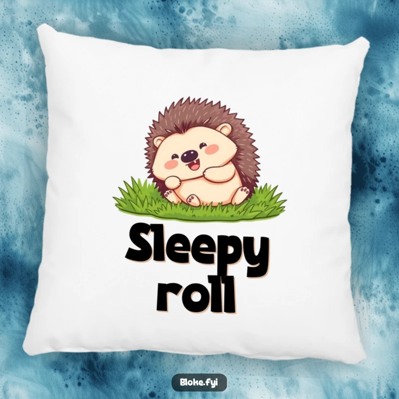 Funny hedgehog with a happy expression, rolling downhill, on a soft decorative pillow.
