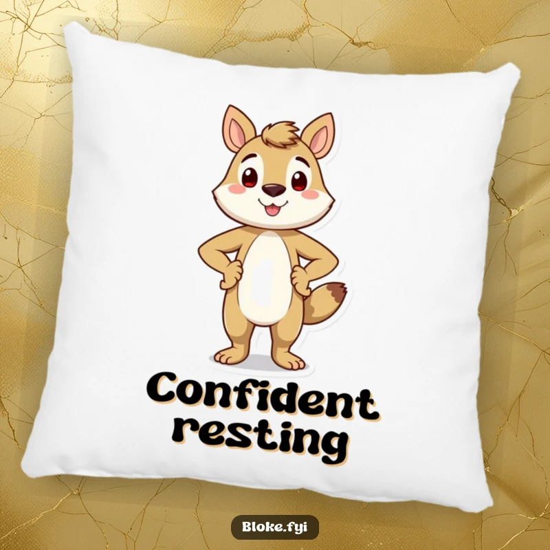 Funny throw pillow adorned with a smiling animal character standing proudly, hands on hips, adding a touch of confident cheer to any seating.