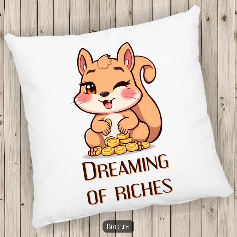 Funny squirrel winking with a sly expression while counting a pile of shiny coins, on a soft decorative pillow.