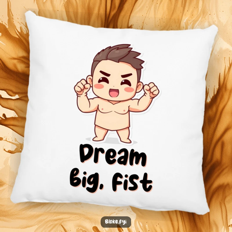 Funny Strong Character Pillow with a strong build, fist raised enthusiastically, offering comfort and a punch of power.