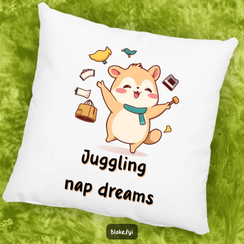 Funny pillow with a stout animal character joyfully waddling and juggling mismatched items, offering comfort and cheerful humor.