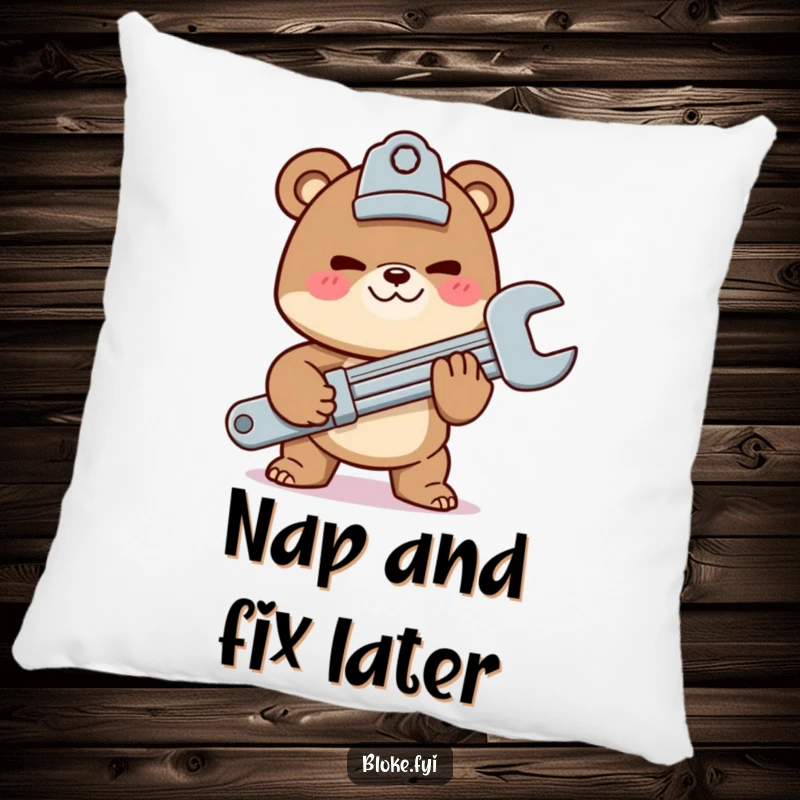 Funny pillow with a mischievous bear character offering a giant wrench, providing cozy comfort and mechanic humor.