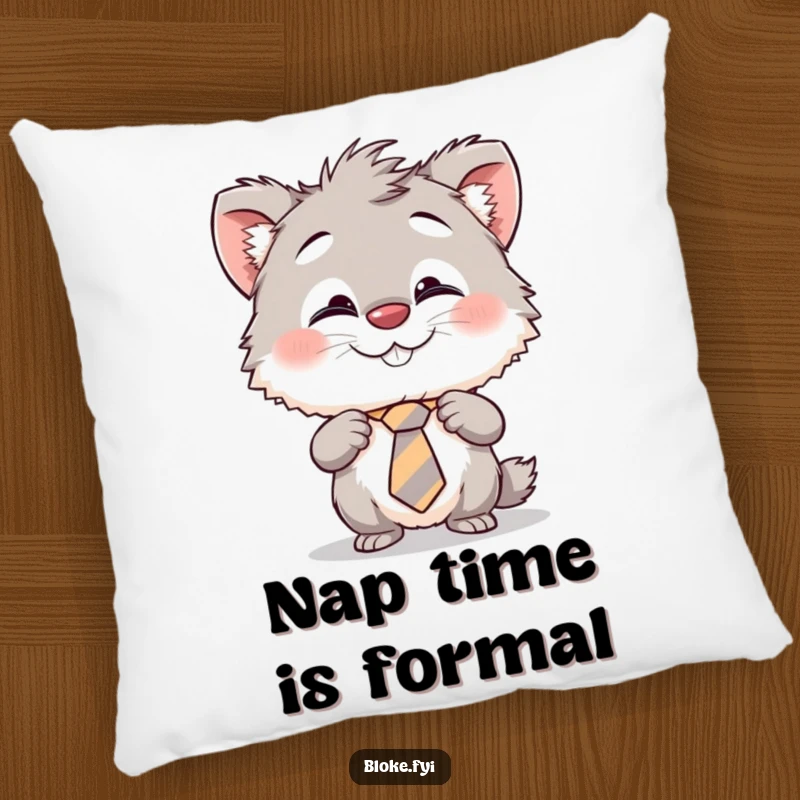 Funny pillow with a cheeky furry creature humorously adjusting its crooked tie, offering comfort and a touch of playful personality.