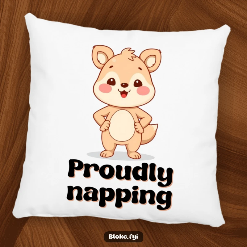 Funny Pillow: A proud animal character stands with hands on hips, smiling, creating a hilarious and comforting decorative piece.