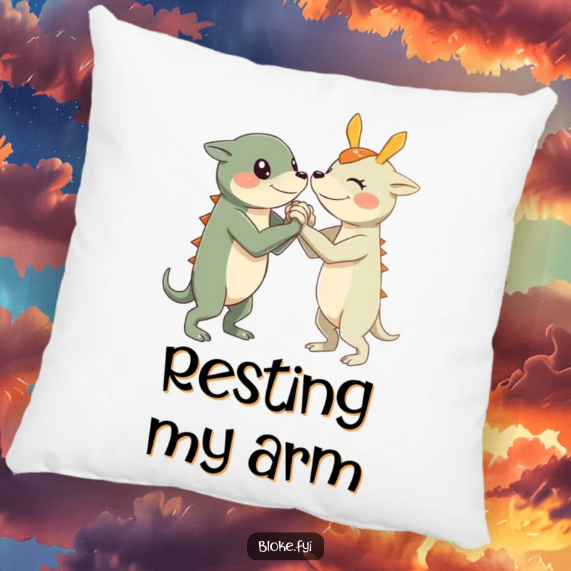 Funny Arm Wrestle Creature Pillow featuring a character with short, sturdy limbs arm wrestling, offering comfort and fun.