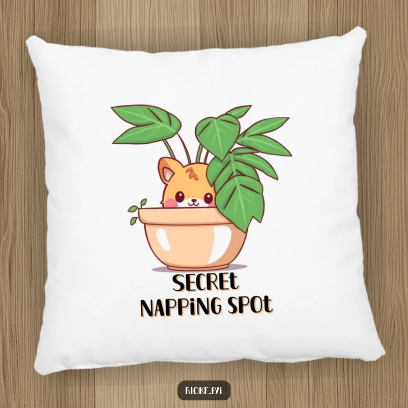 Funny pillow featuring a curious animal character peeking from behind a large potted plant, offering cozy comfort and playful intrigue.