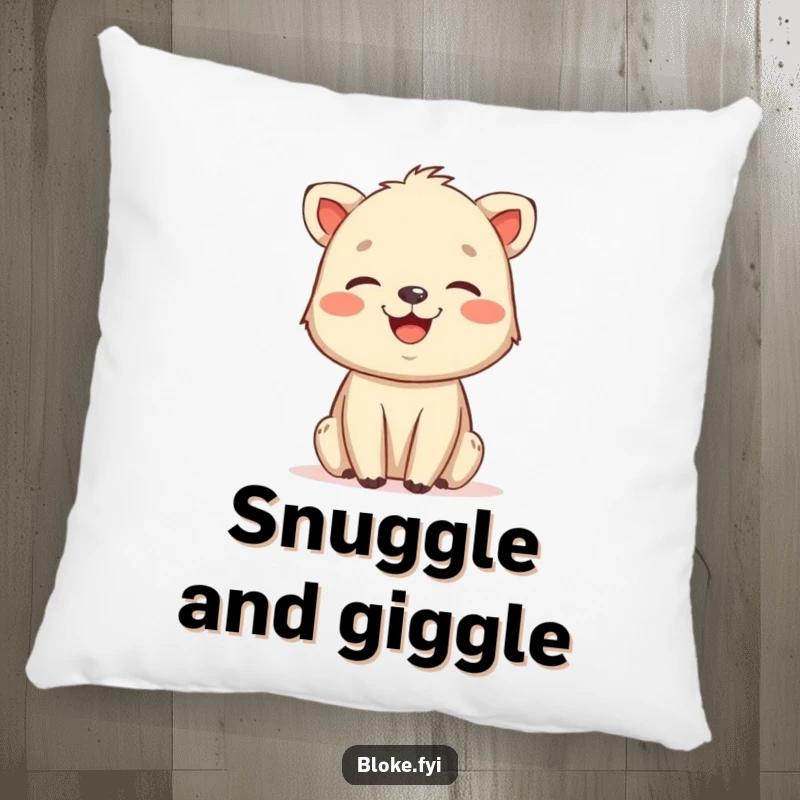 Funny decorative pillow showcasing a friendly, slightly rough animal drawing mid-laugh, perfect for adding a cozy and humorous touch.