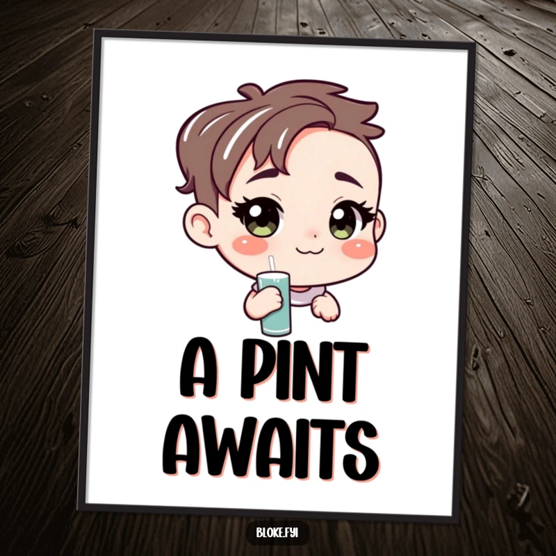 Funny digital art print of a character with an amiable, unpretentious face offering a pint, embodying friendship and cheerful hospitality.