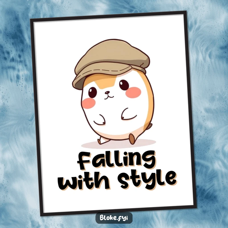 Funny digital art print of a small, round animal character comically tripping over its feet while wearing a comically large flat cap, capturing slapstick humor.