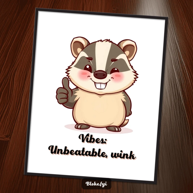 Funny digital art of a stout, jovial badger winking and giving a thumbs-up, perfect for printable decor.
