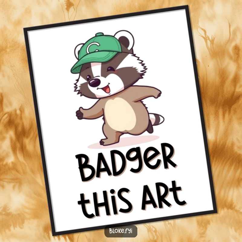 Funny Digital Art Print of a jolly badger in a cap awkwardly attempting to skip, radiating endearing clumsiness.
