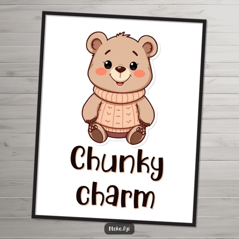 Funny chunky cartoon bear digital art print, wearing a knitted sweater and a friendly grin, an instant download with charm.