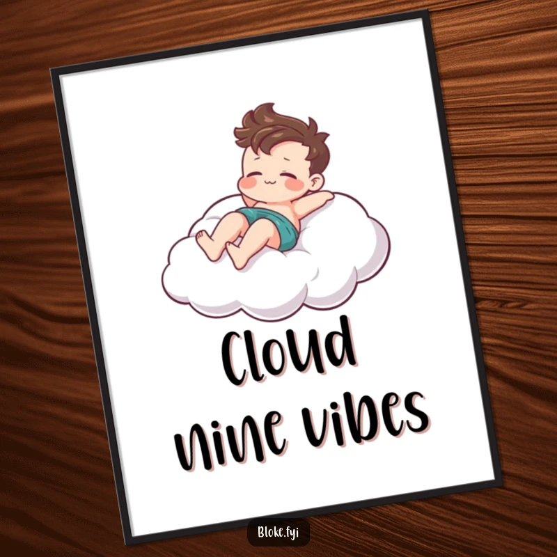 Funny digital art print of a relaxed bloke character lounging playfully on a stylized cloud, embodying peace and ease.