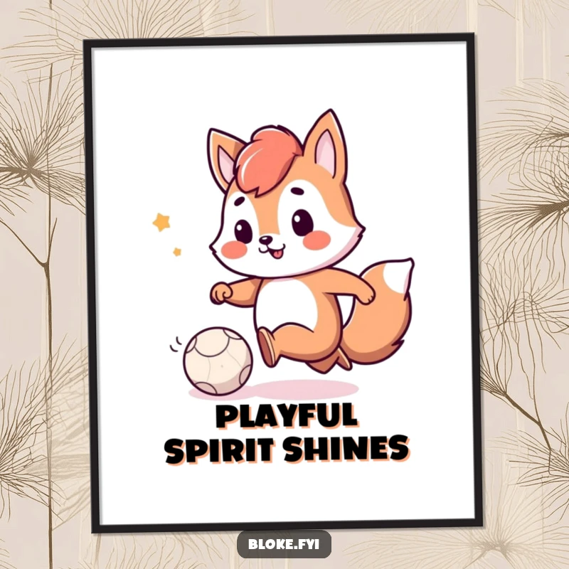 Funny digital art print of a playful animal character smiling as it kicks a small, deflated ball, perfect for humorous decor.