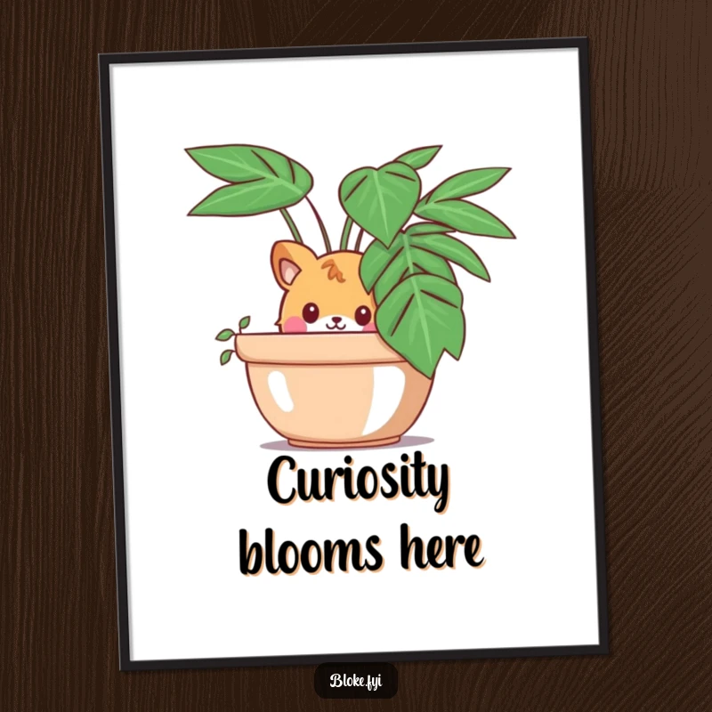 Funny digital art print of a curious animal character peeking out from behind a large potted plant, perfect for humorous decor.