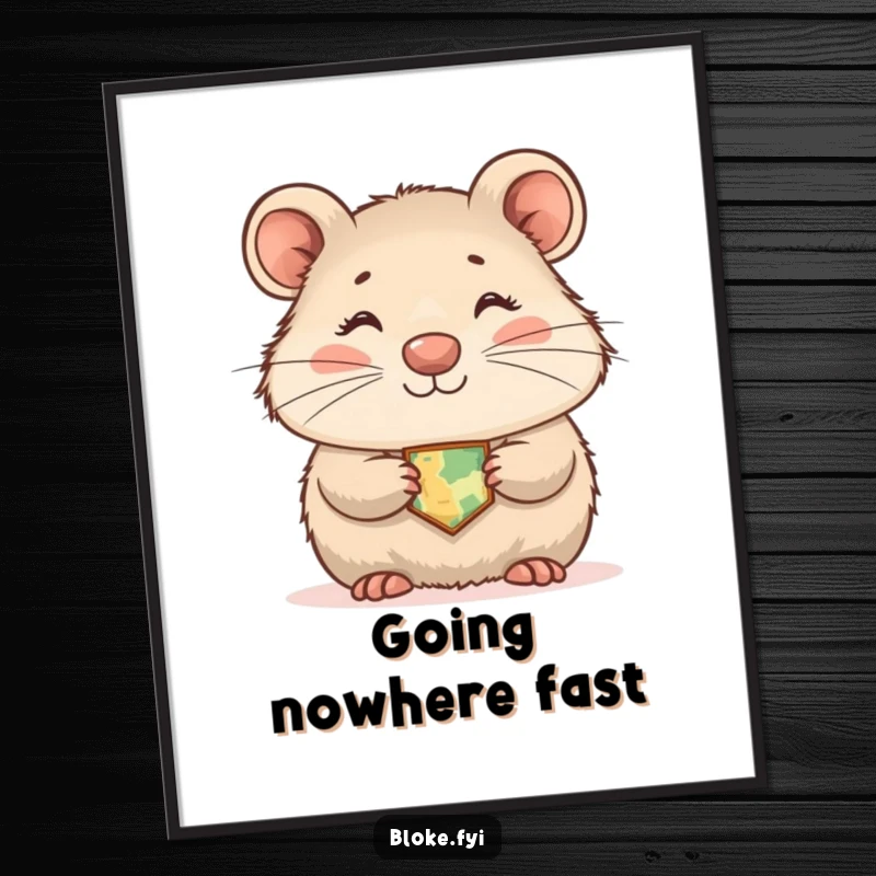 Funny wombat digital art print of a shyly smiling marsupial wearing a tiny map, instant download for charm.