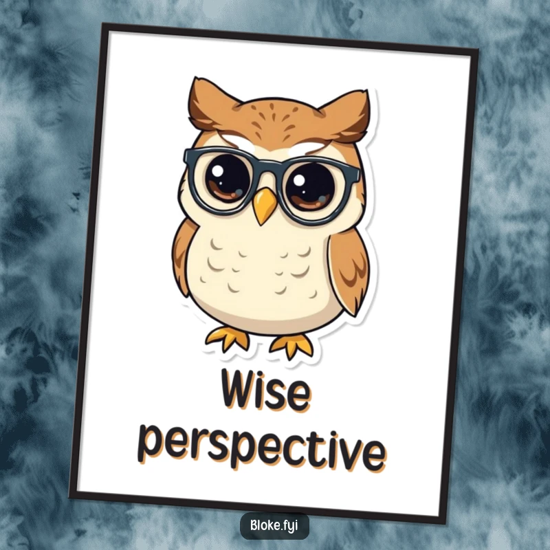 Funny small, round owl with a wise look tipping its spectacles, available as a high-resolution digital art print.