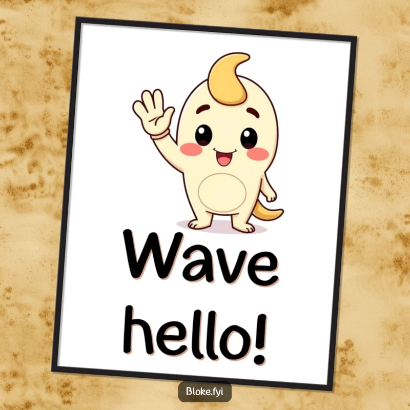 Funny digital art print of a cartoon fellow character giving a jaunty wave, adding a cheerful touch.