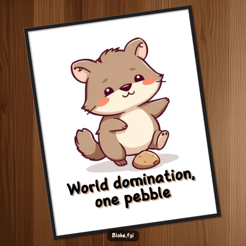 Funny Digital Art Print: Scruffy animal humorously kicking a small pebble, instantly printable for relatable home decor.