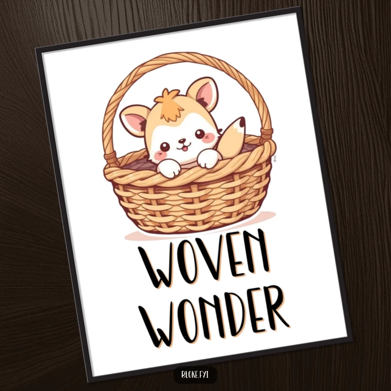 Funny digital art print of a playful animal character humorously stuck inside a woven basket, ideal for instant whimsical decor.