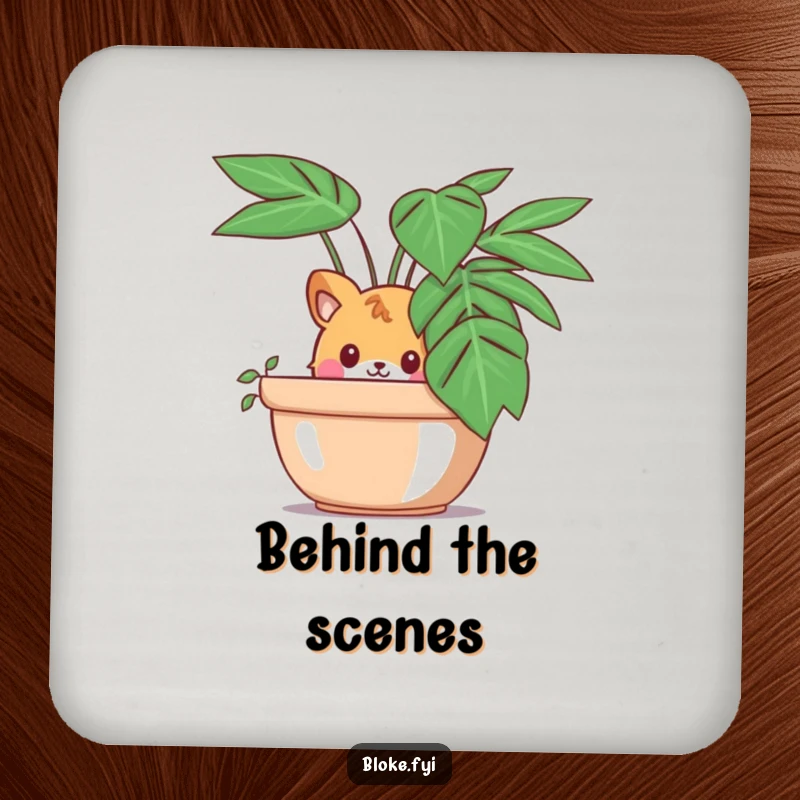 Funny drink coaster featuring a curious animal character peeking out from behind a large potted plant, offering humorous surface protection.