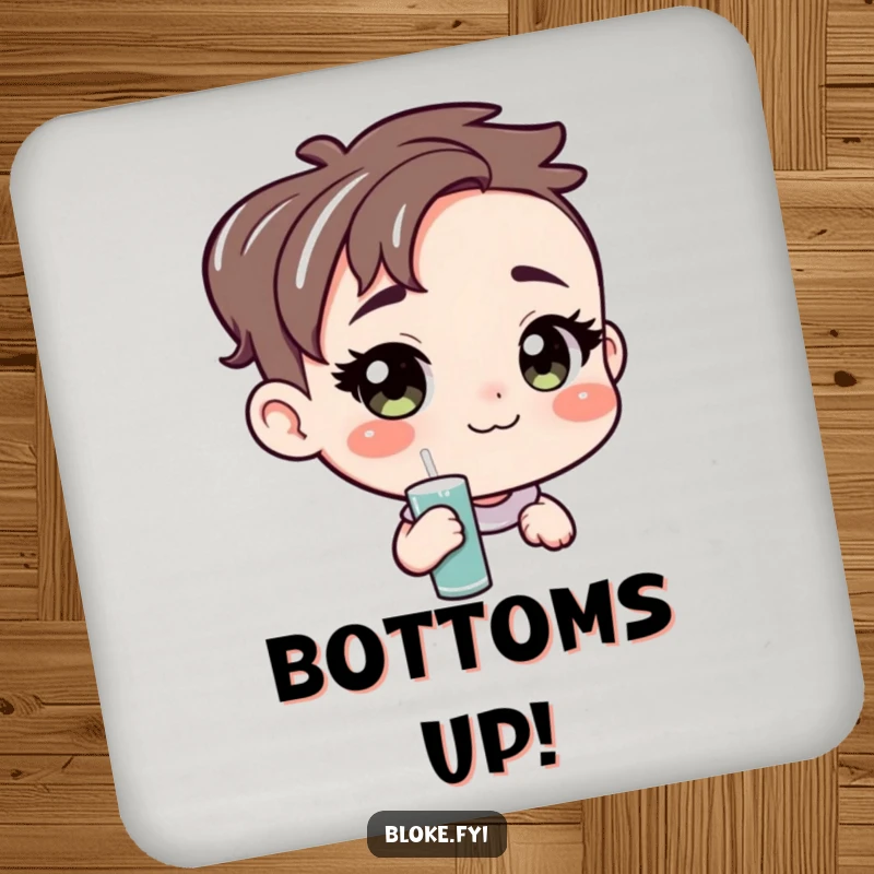 Funny drink coaster featuring an amiable character offering a pint, perfect for protecting surfaces with a warm and inviting vibe.