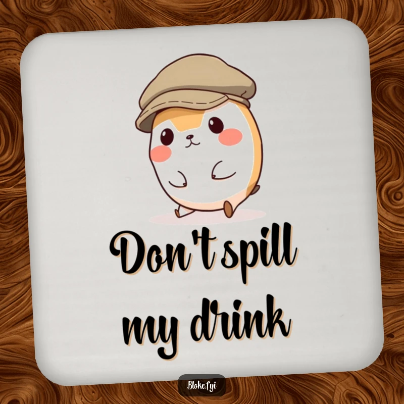 Funny drink coaster with a round, clumsy animal character hilariously tripping in a ridiculously oversized flat cap, protecting surfaces with awkward humor.