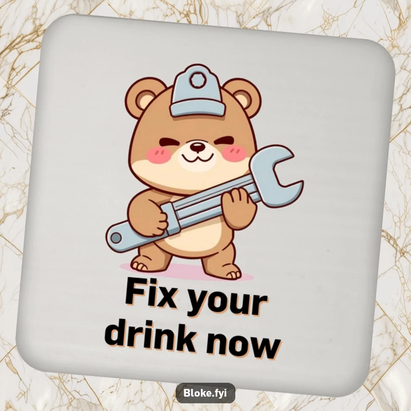 Funny drink coaster with a mischievous bear character offering a giant wrench, adding mechanic humor to tabletops.