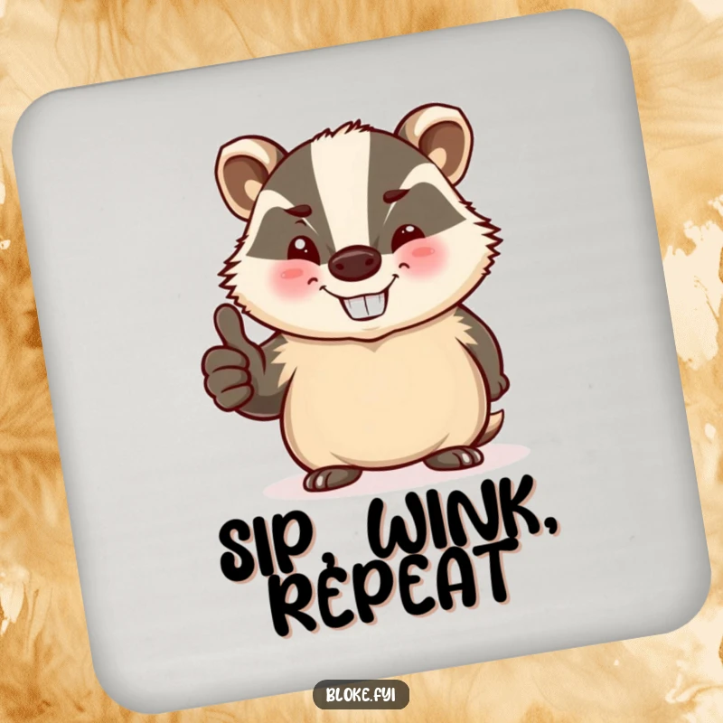 Funny coasters featuring a stout, jovial badger winking and giving a thumbs-up, protecting surfaces with style.