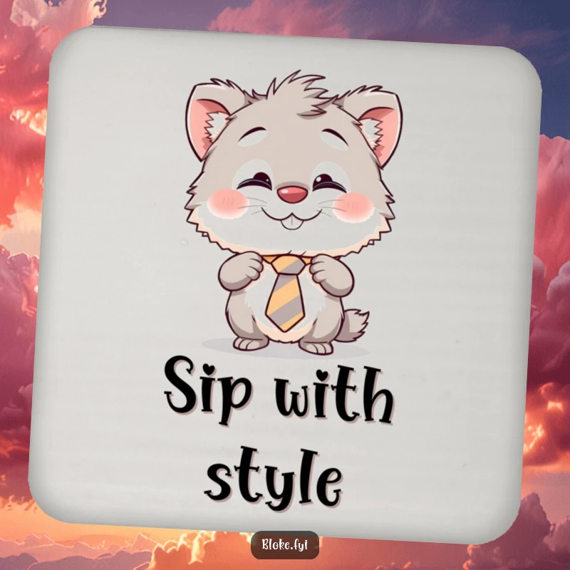 Funny drink coaster with a cheeky furry creature humorously adjusting its askew tie, protecting surfaces with a smile.