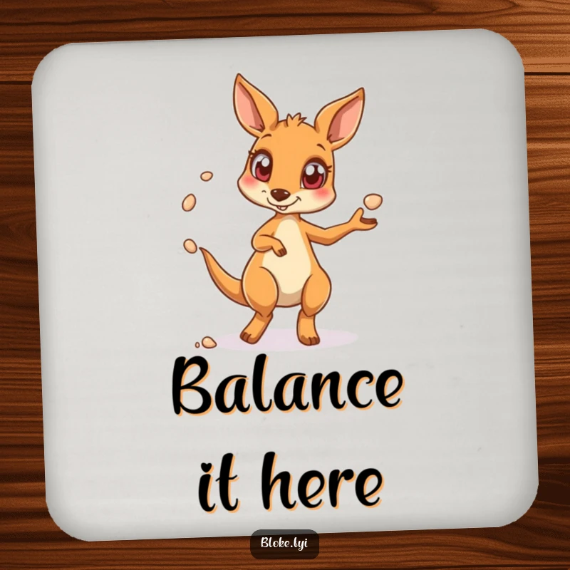 Funny kangaroo drink coaster featuring a wide-eyed kangaroo juggling pebbles, protecting surfaces with humor.