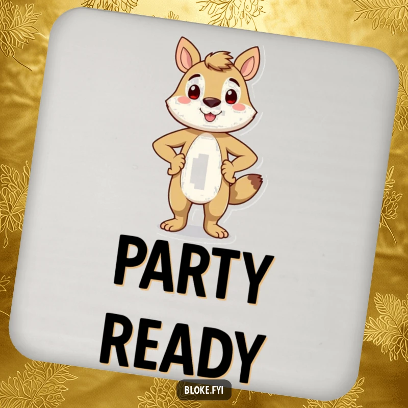 Funny drink coaster featuring a smiling animal character standing proudly with hands on its hips, adding a confident touch to any table.