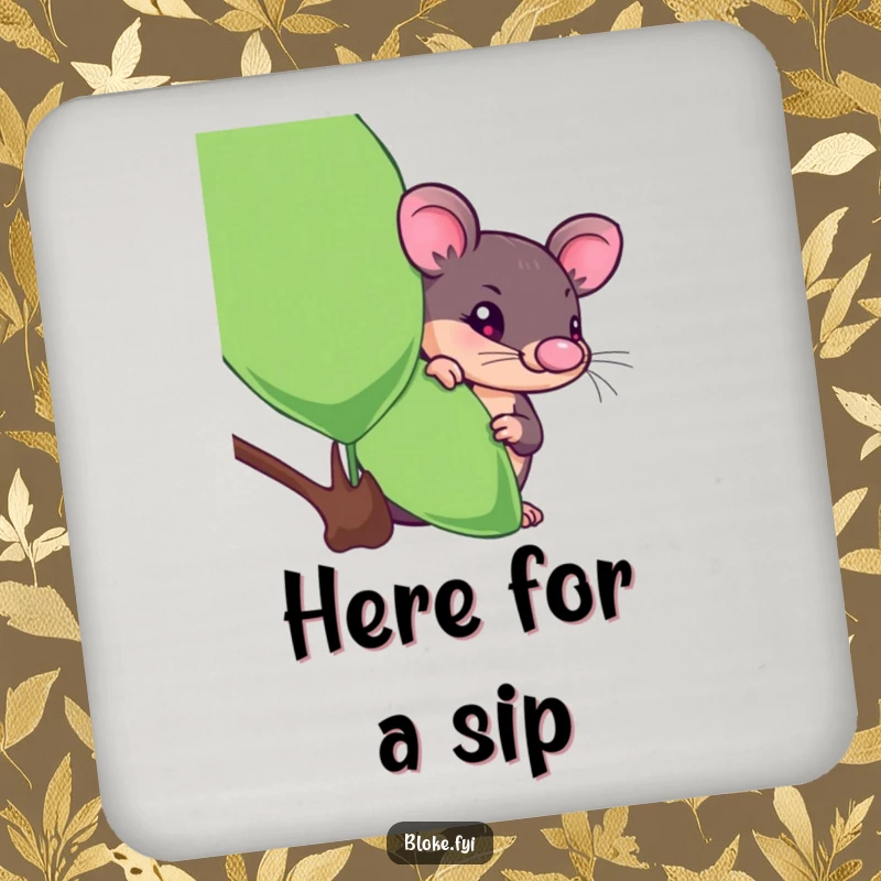 Funny platypus drink coaster featuring a curious creature peeking from behind a eucalyptus leaf, protecting surfaces humorously.