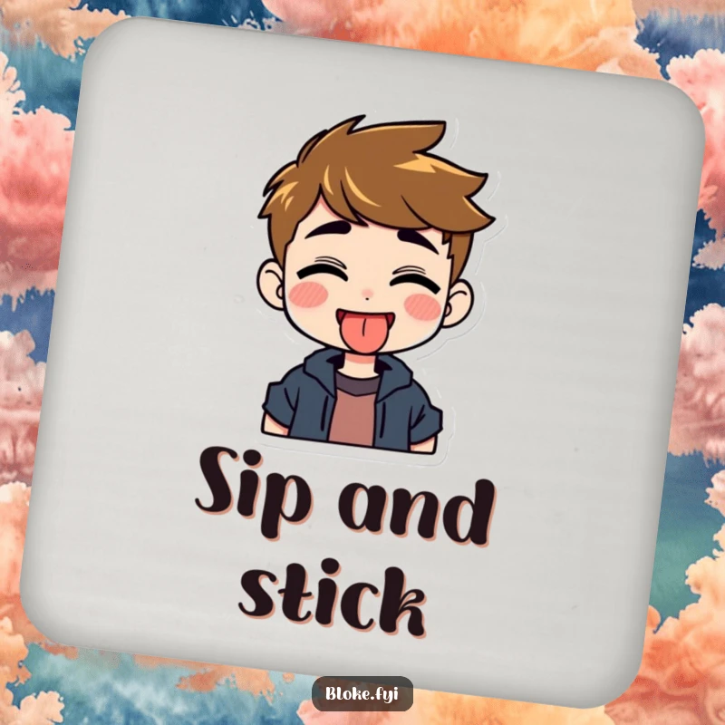 Funny drink coaster featuring a grinning guy character playfully sticking out his tongue, protecting surfaces with humor.