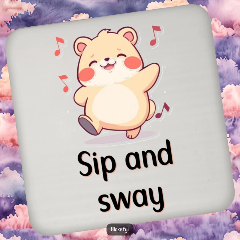 Funny drink coaster featuring a chubby animal character tapping its foot, protecting surfaces with a cheerful, musical touch.